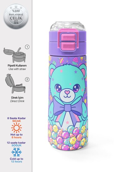 Coral High Kids Milka Şeker Ayıcık Desenli Pipetli ve Direkt İçim Çelik Termos 500 ml 38105 - 1