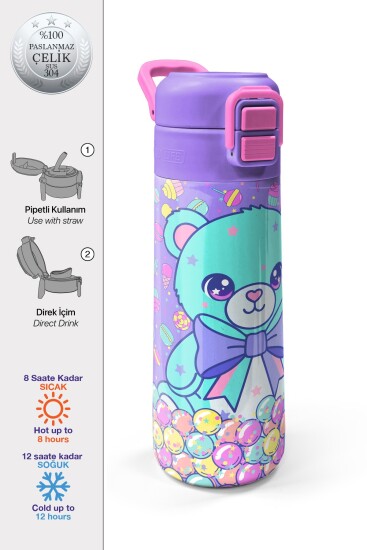 Coral High Kids Milka Şeker Ayıcık Desenli Pipetli ve Direkt İçim Çelik Termos 500 ml 38105 