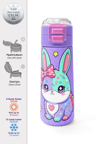 Coral High Kids Milka Su Yeşili Tavşan Desenli Pipetli ve Direkt İçim Çelik Termos 500 ml 38137 - 1