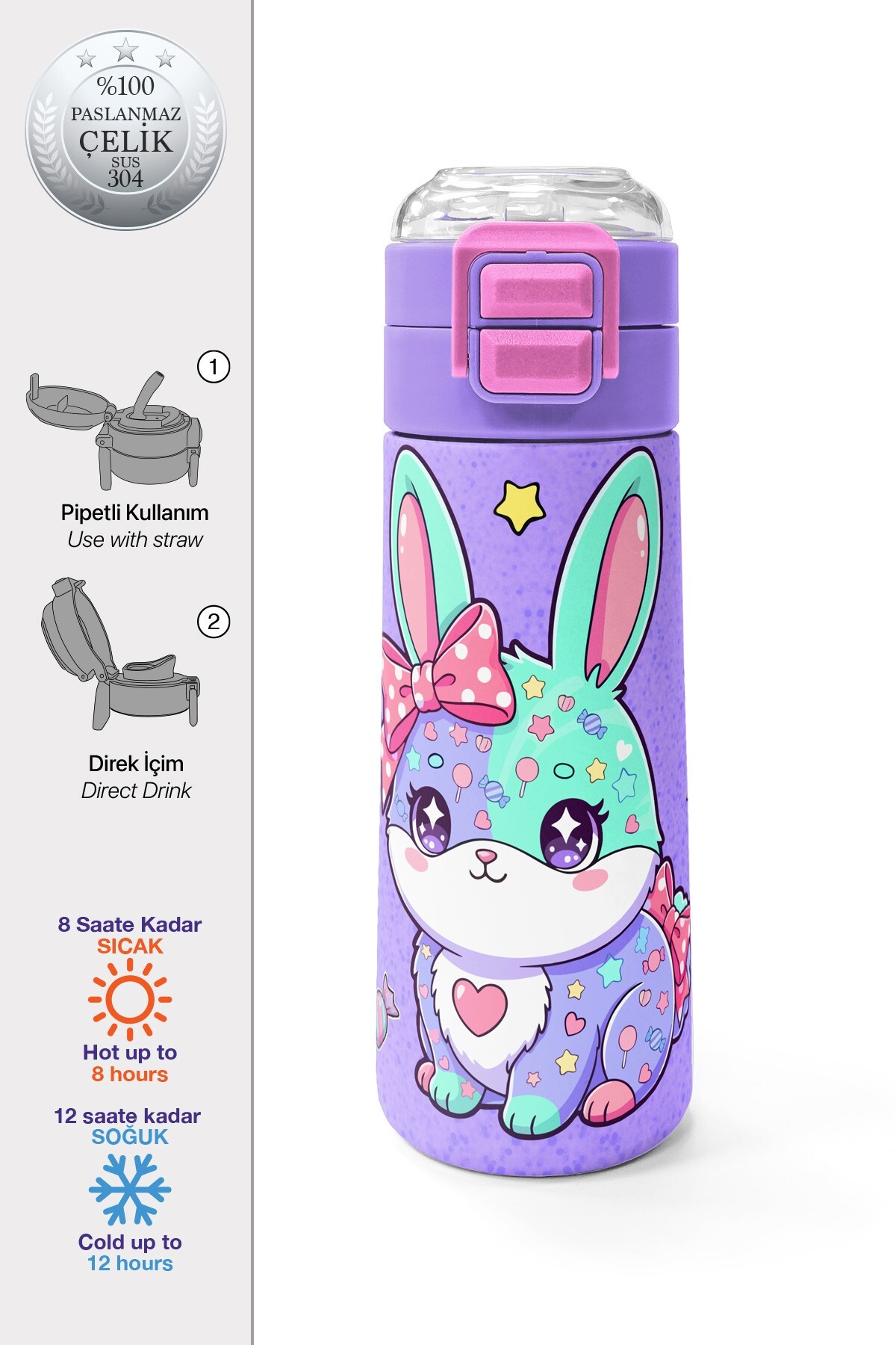 Coral High Kids Milka Su Yeşili Tavşan Desenli Pipetli ve Direkt İçim Çelik Termos 500 ml 38137