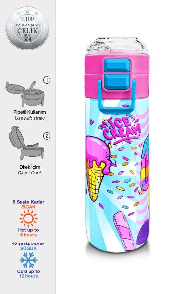 Coral High Kids Mixed Dondurma Desenli Pipetli ve Direkt İçim Çelik Termos 500 ml 31809 - 1