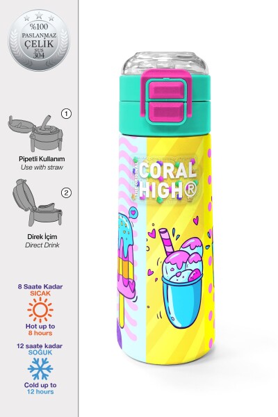 Coral High Kids Mixed Dondurma Desenli Pipetli ve Direkt İçim Çelik Termos 500 ml 31809 - 1