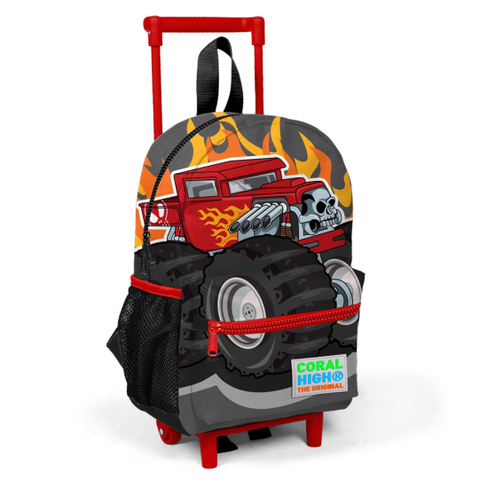Minik Yuva Çekçekli Sırt Çantası Koyu Gri Siyah Monster Truck Desenli İki Bölmeli 24020 - Coral High KIDS