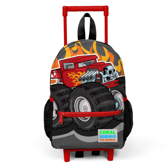 Minik Yuva Çekçekli Sırt Çantası Koyu Gri Siyah Monster Truck Desenli İki Bölmeli 24020 - 3