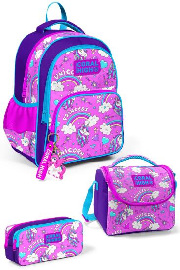 Coral High Kids Mor Açık Pembe Unicorn Desenli 3'lü Okul Çanta Seti SET0123404 - Coral High KIDS