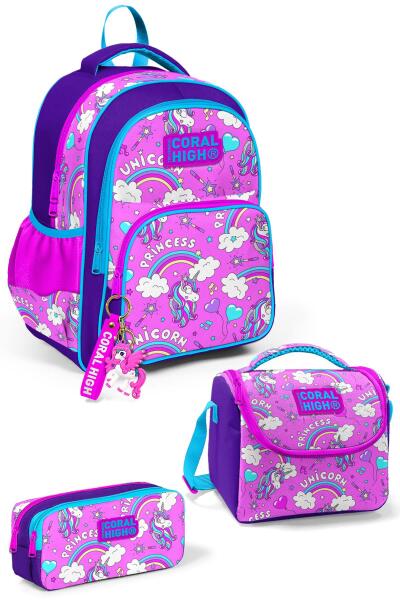 Coral High Kids Mor Açık Pembe Unicorn Desenli 3'lü Okul Çanta Seti SET0123404 - 1