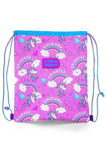 Coral High Kids Mor Açık Pembe Unicorn Desenli İpli Büzgülü Sırt Çantası 22679 - Coral High KIDS