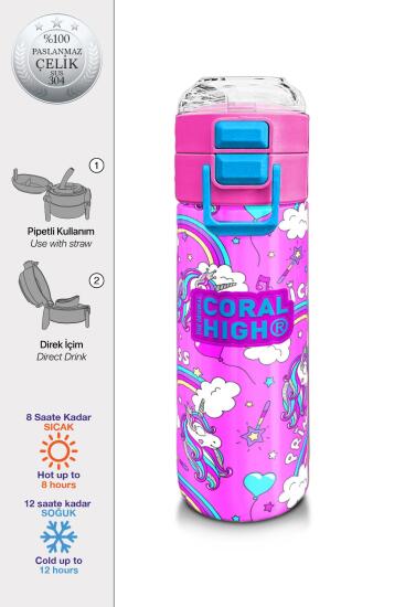 Coral High Kids Mor Açık Pembe Unicorn Desenli Pipetli ve Direkt İçim Çelik Termos 500 ml 31978 - Coral High KIDS
