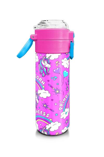 Coral High Kids Mor Açık Pembe Unicorn Desenli Pipetli ve Direkt İçim Çelik Termos 500 ml 31978 - 2