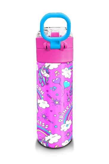 Coral High Kids Mor Açık Pembe Unicorn Desenli Pipetli ve Direkt İçim Çelik Termos 500 ml 31978 - 3