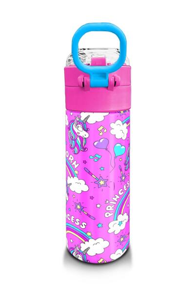 Coral High Kids Mor Açık Pembe Unicorn Desenli Pipetli ve Direkt İçim Çelik Termos 500 ml 31978 - 3
