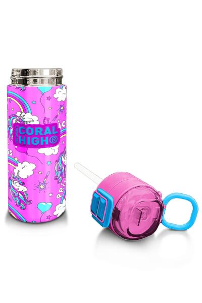 Coral High Kids Mor Açık Pembe Unicorn Desenli Pipetli ve Direkt İçim Çelik Termos 500 ml 31978 - 4