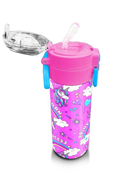 Coral High Kids Mor Açık Pembe Unicorn Desenli Pipetli ve Direkt İçim Çelik Termos 500 ml 31978 - 5