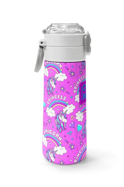 Coral High Kids Mor Açık Pembe Unicorn Desenli Pipetli ve Direkt İçim Çelik Termos 500 ml 31978 - 2