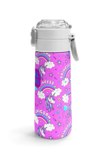 Coral High Kids Mor Açık Pembe Unicorn Desenli Pipetli ve Direkt İçim Çelik Termos 500 ml 31978 - 3