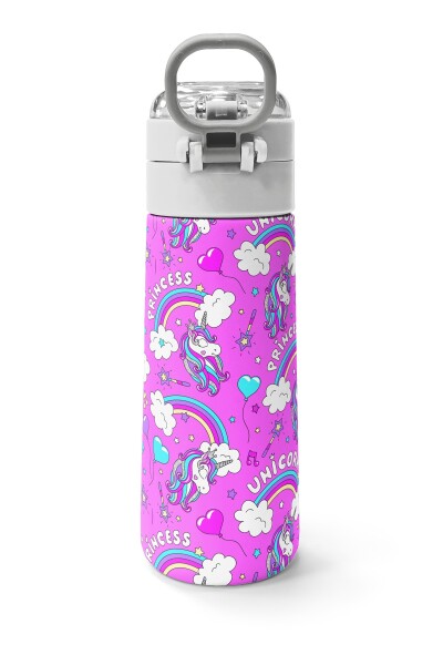 Coral High Kids Mor Açık Pembe Unicorn Desenli Pipetli ve Direkt İçim Çelik Termos 500 ml 31978 - 4