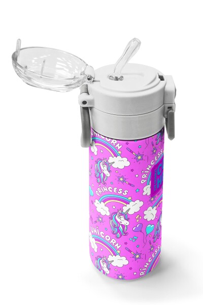 Coral High Kids Mor Açık Pembe Unicorn Desenli Pipetli ve Direkt İçim Çelik Termos 500 ml 31978 - 5