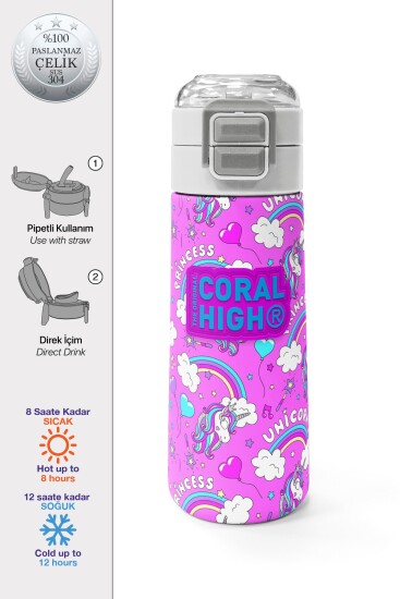 Coral High Kids Mor Açık Pembe Unicorn Desenli Pipetli ve Direkt İçim Çelik Termos 500 ml 31978 - Coral High KIDS