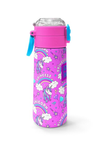 Coral High Kids Mor Açık Pembe Unicorn Desenli Pipetli ve Direkt İçim Çelik Termos 500 ml 31978 - 2