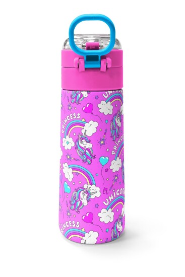 Coral High Kids Mor Açık Pembe Unicorn Desenli Pipetli ve Direkt İçim Çelik Termos 500 ml 31978 - 4