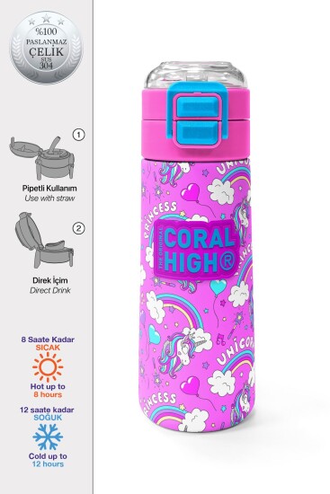 Coral High Kids Mor Açık Pembe Unicorn Desenli Pipetli ve Direkt İçim Çelik Termos 500 ml 31978 