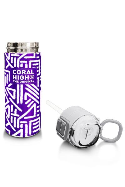 Coral High Kids Mor Beyaz Geometrik Desenli Pipetli ve Direkt İçim Çelik Termos 500 ml 31883 - 4