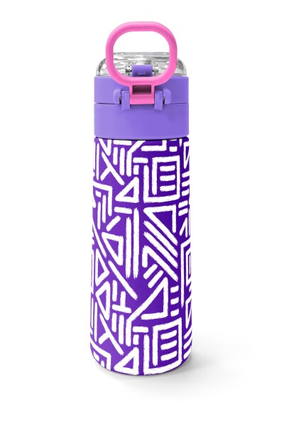 Coral High Kids Mor Beyaz Geometrik Desenli Pipetli ve Direkt İçim Çelik Termos 500 ml 31883 - 4