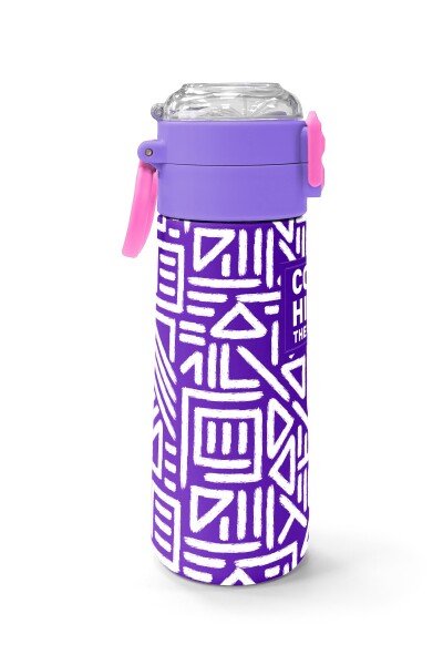 Coral High Kids Mor Beyaz Geometrik Desenli Pipetli ve Direkt İçim Çelik Termos 500 ml 31883 - 2