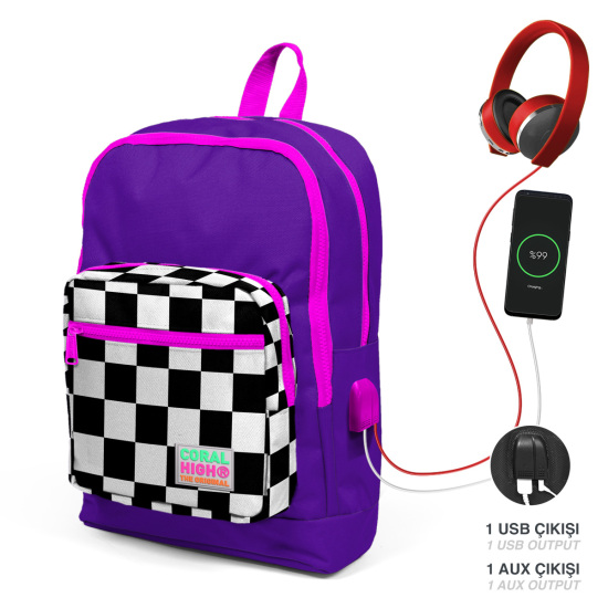 Coral High Kids Mor Dama Desenli Dört Bölmeli USB'li Okul Sırt Çantası 23802 - Coral High KIDS