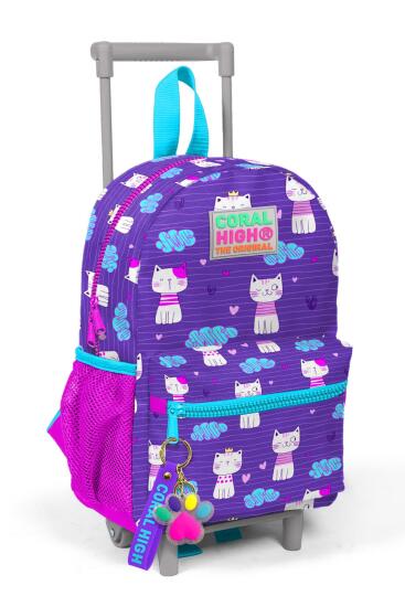 Minik Yuva Çekçekli Sırt Çantası Mor Pembe Kedi Desenli İki Bölmeli 24002 - Coral High KIDS