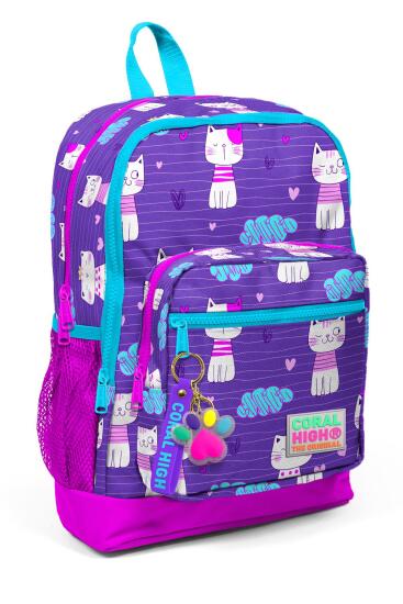 Coral High Kids Mor Pembe Kedi Desenli Dört Bölmeli Okul Sırt Çantası 23464 