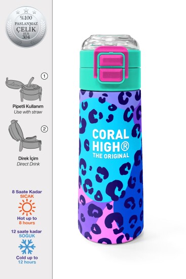 Coral High Kids Mor Leopar Desenli Pipetli ve Direkt İçim Çelik Termos 500 ml 31846 