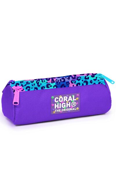 Coral High Kids Mor Leopar Desenli Üç Bölmeli Kalem Çantası 11161 - 1