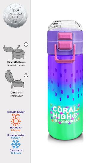 Coral High Kids Mor Lila Renk Geçişli Pipetli ve Direkt İçim Çelik Termos 500 ml 31850 - Coral High KIDS