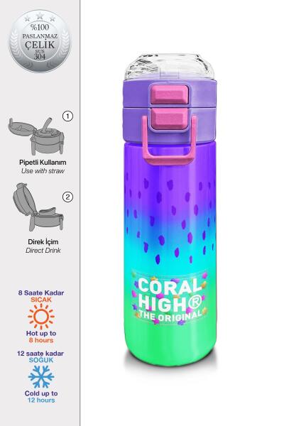 Coral High Kids Mor Lila Renk Geçişli Pipetli ve Direkt İçim Çelik Termos 500 ml 31850 - 1