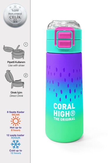 Coral High Kids Mor Lila Renk Geçişli Pipetli ve Direkt İçim Çelik Termos 500 ml 31850 