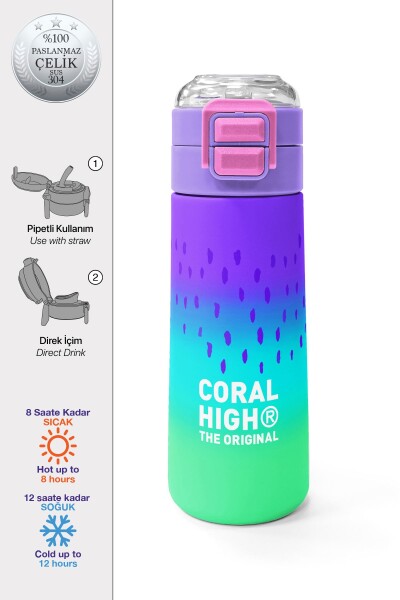 Coral High Kids Mor Lila Renk Geçişli Pipetli ve Direkt İçim Çelik Termos 500 ml 31850 - 1
