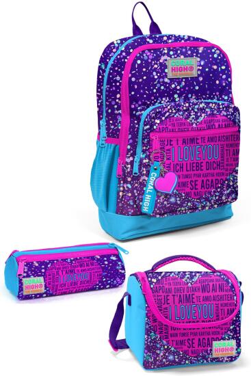 Coral High Kids Mor Mavi Pembe Kalp Desenli 3’lü Okul Çanta Seti SET0123740 
