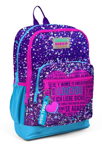 Coral High Kids Mor Mavi Pembe Kalp Desenli Dört Bölmeli Okul Sırt Çantası 23740 - 1