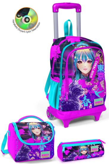 Coral High Kids Mor Pembe Anime Kedi Desenli Üç Bölmeli Çekçekli 3'lü Çanta Seti SET0123953 - Coral High