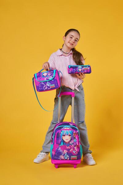 Coral High Kids Mor Pembe Anime Kedi Desenli Üç Bölmeli Çekçekli 3'lü Çanta Seti SET0123953 - 2