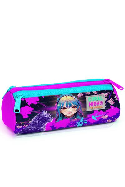 Coral High Kids Mor Pembe Anime Kedi Desenli Üç Bölmeli Kalem Çantası 22053 - 1