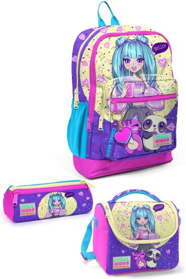 Coral High Kids Mor Pembe Anime Kız Desenli 3’lü Okul Çanta Seti SET0123735 