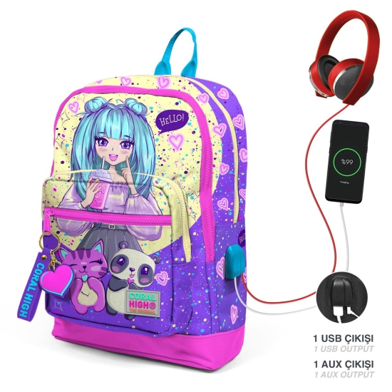 Coral High Kids Mor Pembe Anime Kız Desenli Dört Bölmeli USB'li Okul Sırt Çantası 23835 