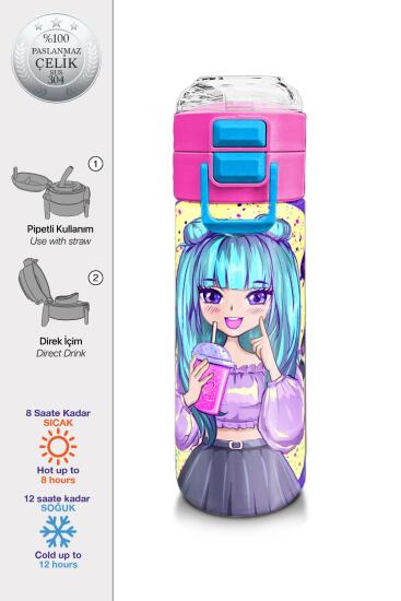 Coral High Kids Mor Pembe Anime Kız Desenli Pipetli ve Direkt İçim Çelik Termos 500 ml 31942 - Coral High KIDS