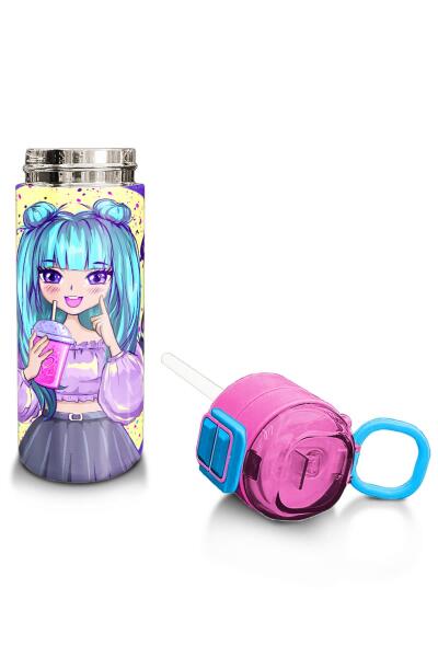 Coral High Kids Mor Pembe Anime Kız Desenli Pipetli ve Direkt İçim Çelik Termos 500 ml 31942 - 4