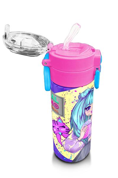 Coral High Kids Mor Pembe Anime Kız Desenli Pipetli ve Direkt İçim Çelik Termos 500 ml 31942 - 5
