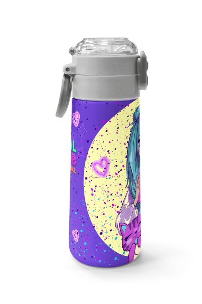 Coral High Kids Mor Pembe Anime Kız Desenli Pipetli ve Direkt İçim Çelik Termos 500 ml 31942 - 2