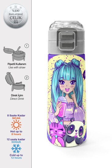 Coral High Kids Mor Pembe Anime Kız Desenli Pipetli ve Direkt İçim Çelik Termos 500 ml 31942 