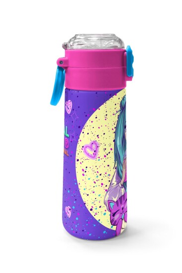 Coral High Kids Mor Pembe Anime Kız Desenli Pipetli ve Direkt İçim Çelik Termos 500 ml 31942 - 2